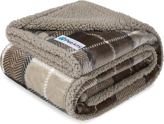 Waterproof Dog Blanket for Medium Large XL Dog Puppy Cat Throw for Couch Cover Leakproof Protection, Sherpa Fleece, Reversible Soft Washable 80X60 Plaid Taupe