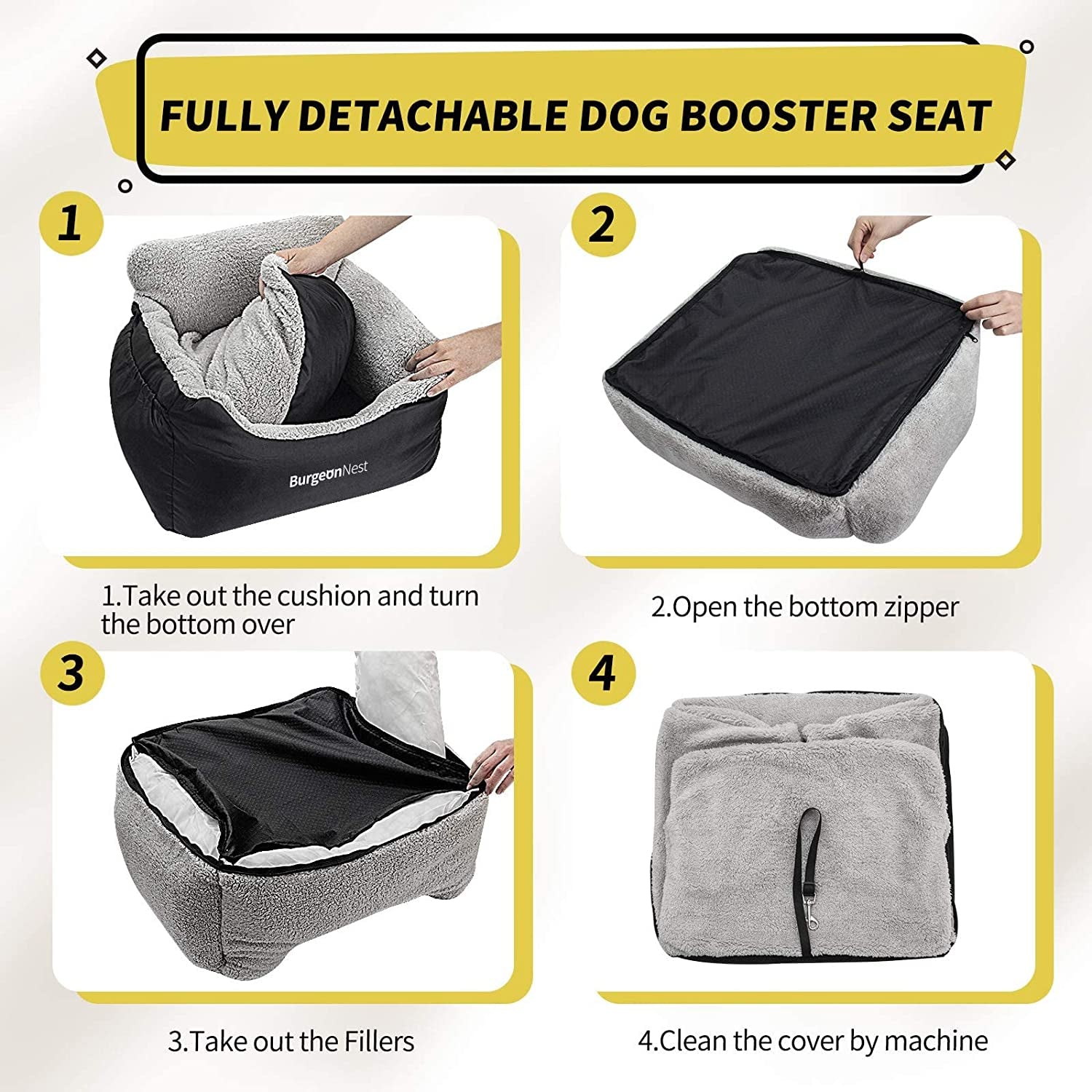 Dog Car Seat for Small Dogs, Soft Pet Car Travel Home Bed under 25 Lbs, Fully Detachable and Washable Cat Booster Carseats with Storage Pockets and Clip-On Leash Portable Carrier,Black