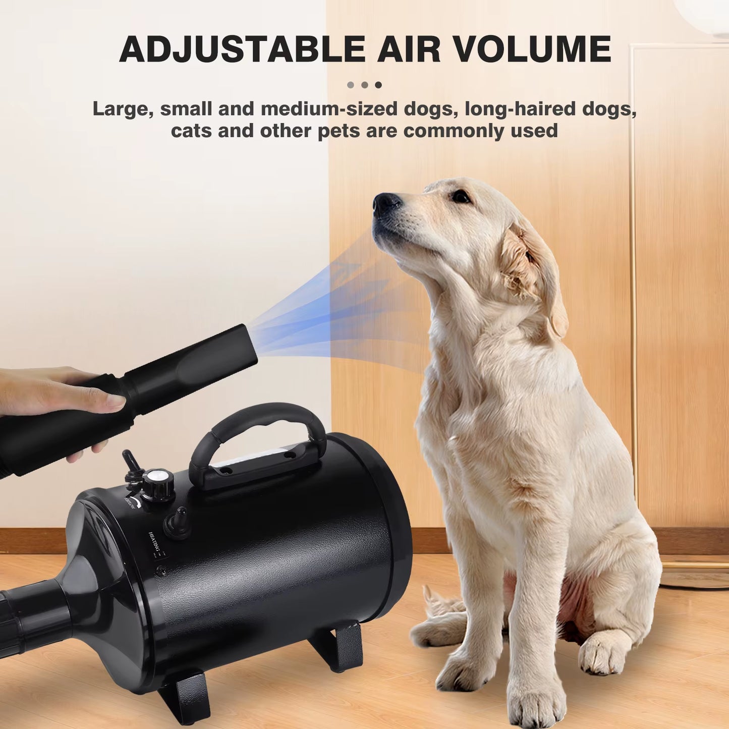 2000W-2800W Pet Hair Dryer, 35°C and 65 °C, Speed: 50M/S ~ 100M/S, Stepless Adjustable, 2.5M Extendable Hose, 3 Nozzles