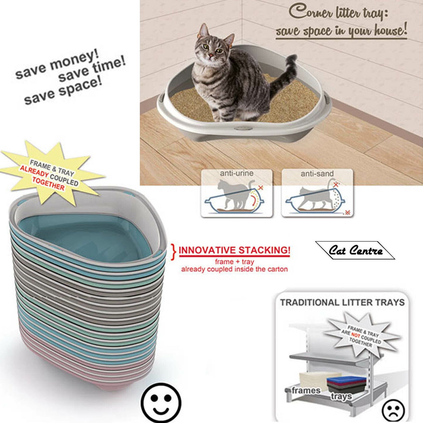 Cat Corner Litter Tray Large or Jumbo Rim Pet Open Toilet Pan Box Cat Centre�