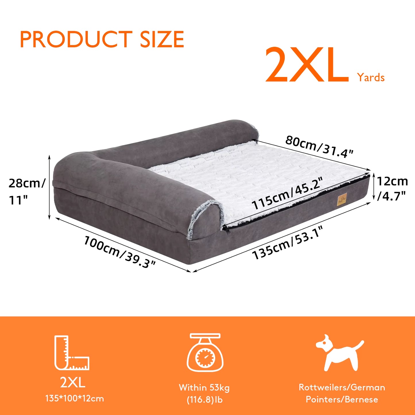 Bolster Dog Bed for Extra Large Dogs, Memory Foam Orthopedic L-Shape Dog Beds with Removable Washable Cover Cozy Plush Dog Sofa